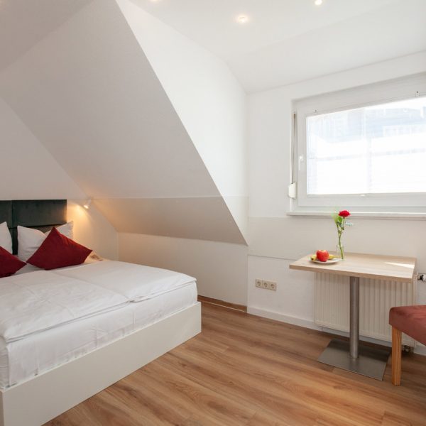 tp-hotelberatung-relax-hotel-standard-doppelzimmer-klima-badewanne-3 Doppelbett mit roten Kissen und Bild an der Wand